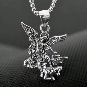925 Silver Plated Archangel St. Michael Necklace Christmas Birthday Vtg Gift NEW
